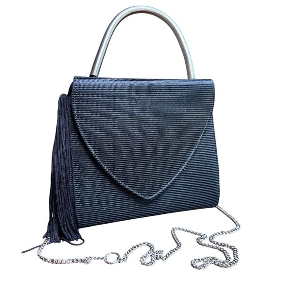 Vintage-Inspired Black Ribbed Purse With Top Handle & Detachable Chain Strap - Picture 1 of 9